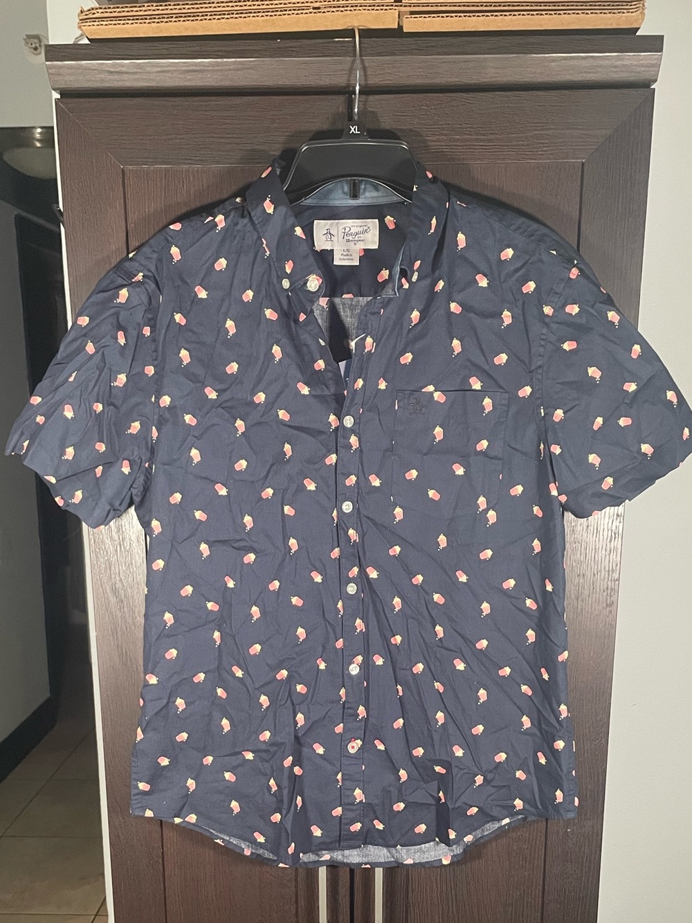 Original Penguin Navy Short Sleeve Button-Down with Pink Floral Print